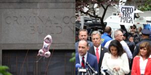 As Michael Cohen’s testimony droned on, the real hush-money show moved outdoors with crude balloons and a ‘Beetlejuice’ chant