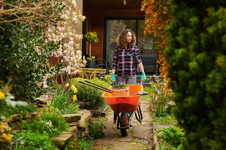 A person pushing a wheelbarrow in a garden.