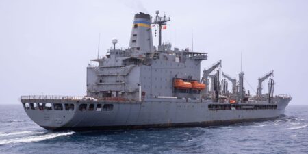 A deployed US Navy fuel ship suffered damage after apparently running into something in the Middle East