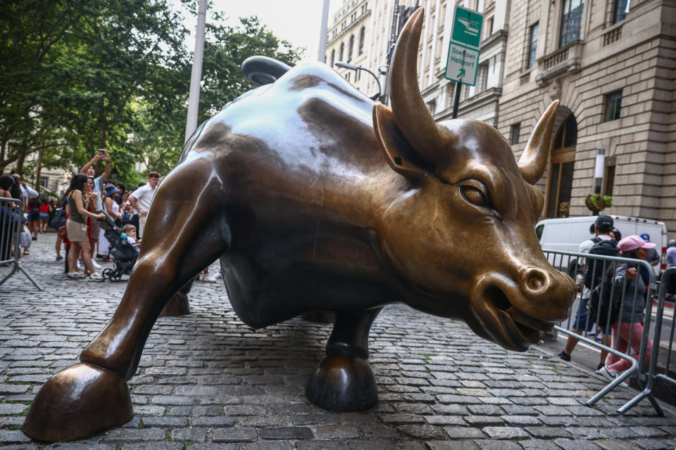 Charging Bull statue by Arturo Di Modica is seen in the Financial District of Manhattan, New York, United States of America, on July 4th, 2024.
 (Photo by Beata Zawrzel/NurPhoto via Getty Images)