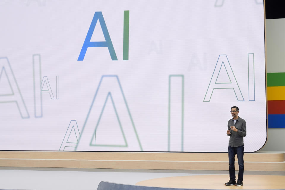 Alphabet CEO Sundar Pichai speaks at a Google I/O event in Mountain View, Calif., May 14, 2024. (AP Photo/Jeff Chiu, File)