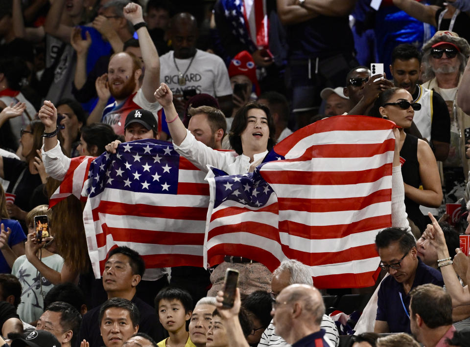 Paris, Fr - August 10:  Fans cheer as the United States defeated France 98-87 to win the men's gold medal basketball game at Bercy Arena during the Paris 2024 Olympic Games in Paris on Saturday, August 10, 2024.(Photo by Keith Birmingham/MediaNews Group/Pasadena Star-News via Getty Images)