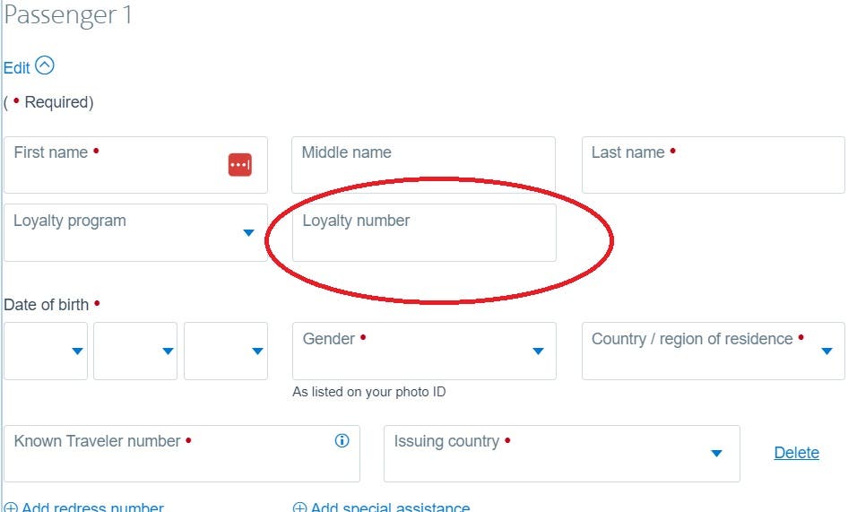 Screenshot showing where to enter frequent flyer ID when booking a flight