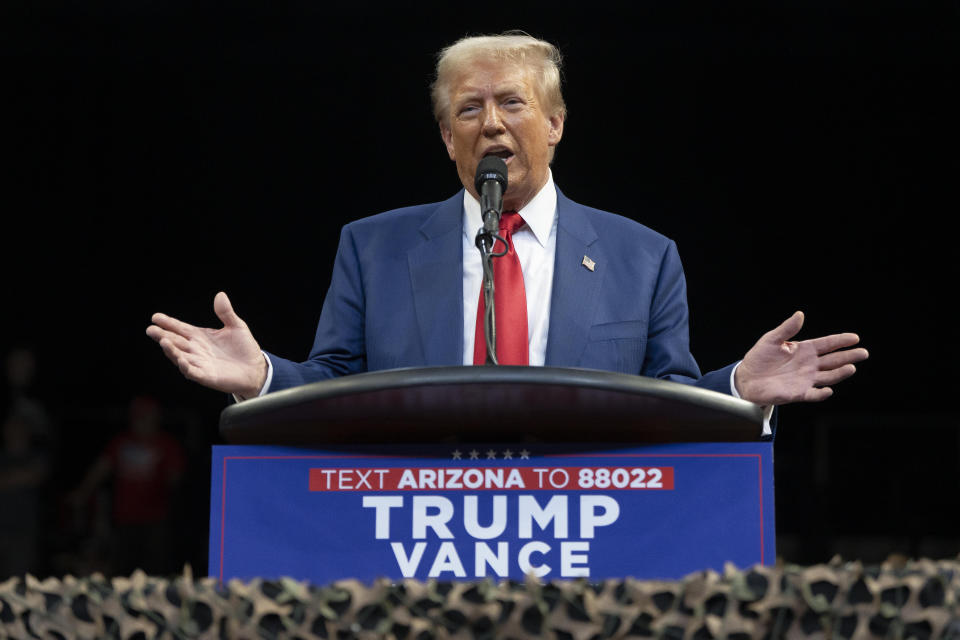 Donald Trump speaks during a campaign rally at Findlay Toyota Center on October 13, 2024 in Prescott Valley, Arizona. (Photo by Rebecca Noble/Getty Images)